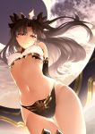  1girl armlet asymmetrical_legwear asymmetrical_sleeves backlighting bangs bare_shoulders black_hair blush bow breasts closed_mouth detached_collar detached_sleeves earrings fate/grand_order fate_(series) hair_bow highres ishtar_(fate/grand_order) jewelry koruta_(nekoimo) long_hair looking_at_viewer navel neck_ring parted_bangs red_eyes single_detached_sleeve single_thighhigh smile solo thigh-highs thighs tiara two_side_up 