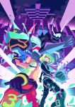  2boys benamu blue_fire blue_hair colorful cravat dual_persona fire galo_thymos gloves green_hair half_gloves lio_fotia male_focus matoi_tech mecha multiple_boys power_armor promare pyrokinesis shirtless spiky_hair 