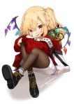  1girl :p alternate_costume artist_name bangs black_footwear blonde_hair casual commentary_request contemporary crystal eyebrows_visible_through_hair fang flandre_scarlet gotoh510 grey_legwear hair_between_eyes highres jacket knees_up long_hair long_sleeves looking_at_viewer miniskirt nail_polish no_hat no_headwear one_side_up pencil_skirt red_eyes red_jacket red_nails shadow shoes signature simple_background sitting skirt smile socks solo tongue tongue_out touhou white_background white_skirt wings 
