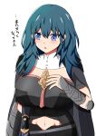  1girl absurdres blue_eyes blue_hair breasts byleth_(fire_emblem) byleth_eisner_(female) byleth_eisner_(female) dagger female_my_unit_(fire_emblem:_three_houses) fire_emblem fire_emblem:_three_houses fire_emblem:_three_houses hand_on_own_chest highres huge_breasts intelligent_systems koei_tecmo moe my_unit_(fire_emblem:_three_houses) navel_cutout nicoseiga2102092 nintendo open_mouth simple_background solo super_smash_bros. tagme translated weapon 