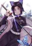  1girl absurdres backlighting bangs belt belt_buckle black_hair black_jacket blue_butterfly breasts buckle bug butterfly butterfly_hair_ornament buttons commentary cowboy_shot eyebrows_visible_through_hair glint grin gu_li hair_ornament hand_up haori highres holding holding_sword holding_weapon insect jacket japanese_clothes katana kimetsu_no_yaiba kochou_shinobu large_breasts light_particles long_sleeves looking_at_viewer parted_bangs purple_hair revision short_hair smile solo sword violet_eyes weapon 