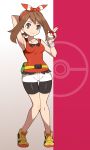  1girl arm_behind_head arm_up armpits bare_shoulders belt bike_shorts black_shorts bracelet breasts brown_hair closed_mouth collarbone full_body gradient gradient_background grey_eyes hair_ribbon hairband haruka_(pokemon) holding holding_poke_ball jewelry long_hair looking_at_viewer nt00 pink_background poke_ball poke_ball_(generic) pokemon pokemon_(game) pokemon_rse red_hairband red_ribbon ribbon shoes shorts shorts_under_shorts sleeveless small_breasts smile solo standing tank_top thigh_gap white_shorts yellow_footwear 