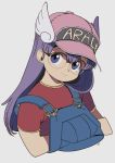  1girl :&gt; absurdres baseball_cap black-framed_eyewear breast_pocket character_name clothes_writing dr._slump edoya_inuhachi glasses grey_background hands_in_pockets hat head_tilt highres long_hair looking_at_viewer norimaki_arale overalls pocket purple_hair red_shirt semi-rimless_eyewear shirt short_sleeves signature simple_background smile solo straight_hair upper_body violet_eyes winged_hat wings 