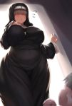  1boy 1girl black_hair blonde_hair blush breasts covered_navel covered_nipples flying_sweatdrops hair_over_eyes hands_together highres large_breasts moisture_(chichi) mole mole_under_eye nun open_mouth original parted_lips plump 