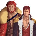  2boys abeberries armor bara beard blue_eyes blush brown_hair cape chest epaulettes facial_hair fate/grand_order fate_(series) jacket leather long_sleeves looking_at_viewer male_focus military military_uniform multiple_boys muscle napoleon_bonaparte_(fate/grand_order) open_clothes open_jacket pectorals red_eyes redhead rider_(fate/zero) scar sideburns smile uniform 