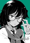  1girl andou_(girls_und_panzer) bangs bc_freedom_school_uniform girls_und_panzer glasses highres long_sleeves looking_at_viewer medium_hair messy_hair necktie school_uniform simple_background sweater sweater_around_neck yukataro 