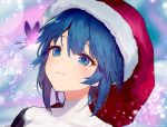  1girl ainy77 artist_name bangs blue_eyes blue_hair blush bug butterfly collarbone commentary_request doremy_sweet eyebrows_visible_through_hair hair_between_eyes hat insect lens_flare light_particles looking_up nightcap portrait red_headwear short_hair smile solo touhou twitter_username 