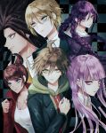  3boys 3girls artist_name asahina_aoi black_hair black_jacket braid brown_hair commentary_request dangan_ronpa dangan_ronpa_1 eyebrows_visible_through_hair fukawa_touko glasses hair_between_eyes jacket kirigiri_kyouko long_hair multiple_boys multiple_girls naegi_makoto red_jacket sakuyu school_uniform serafuku shirt short_hair spiky_hair togami_byakuya twin_braids white_shirt 