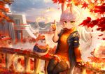  1girl absurdres animal animal_ears arm_support autumn_leaves azur_lane bangs bird black_jacket black_legwear blue_sky blurry blurry_foreground blush breasts bubble_tea building cabbie_hat closed_mouth clothed_animal clouds commentary_request cup day depth_of_field disposable_cup drawstring drinking_straw eyebrows_visible_through_hair green_eyes hat highres holding holding_cup huge_filesize jacket janyhero kitakaze_(azur_lane) leaf long_hair long_sleeves looking_at_viewer maple_leaf on_railing open_clothes open_jacket orange_headwear orange_sweater outdoors railing ribbed_sweater short_over_long_sleeves short_sleeves silver_hair sitting sitting_on_railing sky small_breasts smile solo sweater thigh-highs turtleneck turtleneck_sweater 