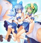  2girls :d :o alternate_costume ass bangs bare_legs blue_background blue_bow blue_eyes blue_hair blue_sailor_collar blue_skirt blush bow bow_panties brown_footwear chima_q cirno commentary_request contemporary daiyousei eyebrows_visible_through_hair fairy_wings from_behind green_eyes green_hair hair_between_eyes hair_bow hands_up highres holding_hands ice ice_wings loafers looking_at_another looking_at_viewer midriff miniskirt multiple_girls multiple_views neckerchief open_mouth panties pantyshot pleated_skirt red_neckwear sailor_collar school_uniform serafuku shirt shoes short_hair short_sleeves side_ponytail skirt smile socks striped striped_background thighs touhou underwear vertical-striped_background vertical_stripes white_legwear white_panties white_shirt wings yellow_bow 