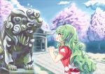  1girl architecture arms_up blue_sky blush cherry_blossoms clouds commentary_request day east_asian_architecture from_side green_eyes green_hair hakurei_shrine horns kariyushi_shirt komainu komano_aun long_hair looking_to_the_side open_mouth outdoors paw_pose red_shirt rope sachisudesu shide shimenawa shirt short_sleeves shrine sky standing statue stone_walkway touhou tree upper_body very_long_hair wavy_hair 