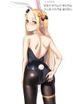  1girl abigail_williams_(fate/grand_order) absurdres adjusting_clothes adjusting_leotard animal_ears backless_outfit bangs black_bow black_legwear black_leotard blonde_hair blue_eyes blush bow closed_mouth embarrassed fate/grand_order fate_(series) from_behind hair_bow highres leotard long_hair looking_at_viewer looking_back multiple_hair_bows orange_bow pantyhose parted_bangs rabbit_ears shiny shiny_hair shiny_legwear shoulder_blades simple_background solo straight_hair very_long_hair white_background zzalsu 