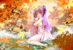  1girl absurdres ahoge ass autumn_leaves azur_lane bamboo blurry breasts commentary_request depth_of_field doll_hug food hair_bun hair_ribbon highres huge_filesize in_water leaf long_hair looking_at_viewer maple_leaf one_side_up onsen parted_lips pudding purple_hair ribbon side_bun sideboob sitting solo steam stuffed_alicorn stuffed_animal stuffed_pegasus stuffed_toy stuffed_unicorn tears theleopardcat unicorn_(azur_lane) violet_eyes wariza 