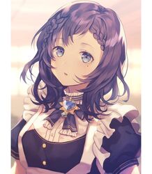  1girl aiba_uiha apron bangs black_hair blue_eyes blue_hair blurry blurry_background blush braid brooch commentary depth_of_field jewelry looking_at_viewer maid maid_apron medium_hair mole mole_under_eye nijisanji open_mouth puffy_short_sleeves puffy_sleeves short_sleeves solo tnk319 upper_body virtual_youtuber white_apron 