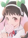  1girl bag black_hair brown_eyes candy food green_ribbon hachikuji_mayoi hair_ribbon hairband holding_lollipop lollipop long_hair looking_at_viewer monogatari_(series) redb ribbon shirt short_sleeves solo twintails white_shirt 