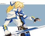  1boy absurdres black_gloves blonde_hair blue_eyes bright_pupils fingerless_gloves gloves guilty_gear guilty_gear_xrd hair_ornament high_collar highres holding holding_sword holding_weapon ky_kiske long_hair male_focus millerbrave ponytail serious simple_background solo sword turtleneck twitter_username upper_body weapon white_background white_pupils 