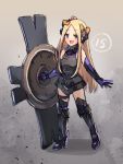  1girl abigail_williams_(fate/grand_order) arm_guards armor armored_dress bangs bare_shoulders black_bow black_leotard blonde_hair blue_eyes blush bow breasts cosplay elbow_gloves fate/grand_order fate_(series) forehead full_body gloves gradient gradient_background greaves hair_bow highres leotard long_hair looking_at_viewer mash_kyrielight mash_kyrielight_(cosplay) miya_(pixiv15283026) open_mouth orange_bow parted_bangs purple_gloves shield small_breasts smile solo thigh_strap 