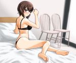  1girl back bangs barefoot bed black_bra black_panties blurry blurry_background blush bra breasts brown_eyes brown_hair chair closed_mouth commentary_request depth_of_field eyebrows_visible_through_hair from_side frown girls_und_panzer hand_in_hair legs looking_at_viewer looking_back medium_breasts nishizumi_maho on_bed oosaka_kanagawa panties partial_commentary short_hair sitting solo studio thong underwear 