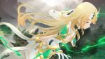  1girl 3d armor back bare_shoulders blonde_hair breasts dress elbow_gloves gloves highres mythra_(xenoblade) lake large_breasts long_hair mountain pose sculp2 shoulder_armor solo tree very_long_hair white_dress xenoblade_(series) xenoblade_2 yellow_eyes 