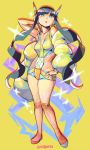  1girl arm_behind_head bangs black_hair blue_eyes blunt_bangs breasts eric_muentes full_body hand_on_hip headgear kamitsure_(pokemon) long_hair looking_at_viewer midriff open_mouth pokemon pokemon_(game) pokemon_bw shorts solo very_long_hair 