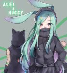  1boy 1girl animal_ears animal_hood bangs baseball_cap black_jacket cat_ears cat_hood copyright_request eyebrows_visible_through_hair face_mask facing_away fake_animal_ears furumiya_neko glowing green_hair grey_background hand_on_hip hat highres hood hood_up hooded_jacket jacket long_hair long_sleeves mask multicolored_hair purple_hair rabbit_ears sleeveless sleeveless_jacket swept_bangs two-tone_hair very_long_hair violet_eyes 