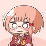  1girl anger_vein bangs blazer blush bokutachi_wa_benkyou_ga_dekinai bow breasts brown_background brown_hair chibi closed_mouth collared_shirt commentary_request eyebrows_visible_through_hair glasses hair_bow hana_kazari highres jacket long_sleeves medium_breasts ogata_rizu red_bow red_jacket school_uniform shirt simple_background solo trembling upper_body v-shaped_eyebrows wavy_mouth white_shirt 