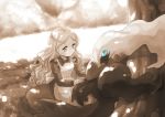  1girl alicia_(pokemon) apron blue_eyes blush breasts closed_mouth dappled_sunlight darkrai day dress eye_contact gen_4_pokemon grass hands_up happy highres legendary_pokemon light_blush long_hair long_sleeves looking_at_another monochrome outdoors pokemon pokemon_(anime) pokemon_(creature) pokemon_m10 sepia sitting small_breasts smile spot_color sunlight tree yuki56 