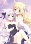  2girls :d :o animal_ear_fluff animal_ears bangs bare_arms bare_shoulders black_bow black_dress blonde_hair blue_eyes blush bow cat_ears cat_girl cat_tail collarbone commentary_request copyright_request dress eyebrows_visible_through_hair hair_between_eyes hair_bow hug knees_up long_hair looking_at_viewer multiple_girls off-shoulder_dress off_shoulder open_mouth parted_lips purple_bow purple_hair shiratama_(shiratamaco) sidelocks sleeveless sleeveless_dress smile strap_slip tail twintails very_long_hair white_dress wrist_cuffs 