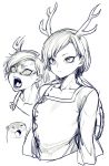  1girl anger_vein angry animal antlers breasts collarbone expressionless fangs greyscale highres kicchou_yachie monochrome open_mouth otter sharp_teeth shell short_hair sketch small_breasts solo space_jin teeth touhou upper_body 