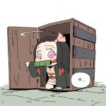  1girl bamboo bit_gag black_hair box chibi chinese_commentary chinese_text commentary_request gag hair_ribbon haori highres in_box in_container japanese_clothes kamado_nezuko kimetsu_no_yaiba kimono kneeling looking_at_viewer miin_miin multicolored_hair obi opening_door pink_eyes pink_kimono pink_ribbon redhead ribbon sash simple_background solo speech_bubble white_background 