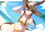  1girl amiya_(arknights) animal_ears arknights bare_arms bare_shoulders beach bikini blue_eyes blue_sky breasts brown_hair character_name closed_mouth clouds collarbone commentary_request copyright_name cowboy_shot day dutch_angle front-tie_bikini front-tie_top hair_between_eyes hand_on_own_head hat hip_focus horizon letterboxed long_hair looking_at_viewer navel ocean outdoors outside_border ponytail sidelocks signature sky small_breasts snozaki solo straw_hat swimsuit very_long_hair yellow_bikini 