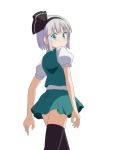  1girl aqua_eyes arms_at_sides black_legwear cato_(monocatienus) commentary_request cowboy_shot eyebrows_visible_through_hair from_behind green_skirt green_vest hair_ribbon konpaku_youmu looking_at_viewer looking_back looking_down miniskirt puffy_short_sleeves puffy_sleeves ribbon shirt short_hair short_sleeves silver_hair simple_background skirt solo standing symbol_commentary thigh-highs touhou vest white_background white_shirt zettai_ryouiki 