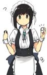  1girl ? absurdres alternate_costume black_hair commentary_request enmaided eyebrows_visible_through_hair fubuki_(kantai_collection) highres kantai_collection looking_at_viewer ma_rukan maid maid_headdress oreo simple_background solo white_background wrist_cuffs 