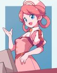  1girl blue_background blue_eyes cravat curti_(pokemon) dress employee_uniform hat highres juliet_sleeves long_sleeves nazonazo_(nazonazot) nurse_cap open_mouth pink_hair pokemon pokemon_(game) pokemon_masters puffy_sleeves simple_background smile twintails uniform 