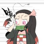  1girl angry bamboo bit_gag black_hair bug chibi chinese_commentary chinese_text commentary_request cowboy_shot gag hair_ribbon haori highres insect japanese_clothes kamado_nezuko kimetsu_no_yaiba kimono looking_to_the_side miin_miin mosquito motion_blur motion_lines mouth_hold multicolored_hair obi pink_eyes pink_kimono pink_ribbon redhead ribbon sash slapping solo veins 