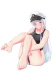  1girl absurdres azur_lane bare_legs bare_shoulders barefoot commentary_request competition_swimsuit enterprise_(azur_lane) hat highleg highleg_swimsuit highres long_hair military_hat nanohana_linestamp one-piece_swimsuit silver_hair sitting swimsuit violet_eyes white_background white_headwear 