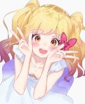  1girl :d aikatsu!_(series) aikatsu_stars! bangs bare_arms bare_shoulders blonde_hair blush bow breasts brown_eyes double_w downblouse dress dutch_angle eyebrows_visible_through_hair from_above grey_background hair_bow hands_up highres k_mugura long_hair looking_at_viewer nijino_yume open_mouth red_bow round_teeth simple_background sleeveless sleeveless_dress small_breasts smile solo teeth twintails upper_teeth very_long_hair w white_dress 