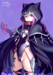  1girl artist_name black_leotard bosshi breastplate cloak closed_mouth collar commentary_request covered_navel dated fate/grand_order fate_(series) hair_ribbon highres hood leotard long_braid long_hair looking_at_viewer medusa_(lancer)_(fate) purple_background purple_hair red_collar ribbon rider signature simple_background solo very_long_hair violet_eyes 