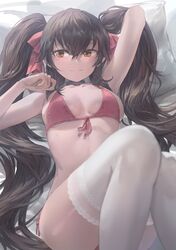  1girl absurdres arm_behind_head bangs black_choker black_hair blush bra breasts breasts_apart brown_eyes choker closed_mouth collarbone commentary eyebrows_visible_through_hair girls_frontline hair_between_eyes hair_ribbon hand_up highres knees_up lace lace-trimmed_legwear long_hair looking_at_viewer lying medium_breasts on_back panties qbz-97_(girls_frontline) red_bra red_panties red_ribbon ribbon side-tie_panties sidelocks smile solo thigh-highs twintails underwear very_long_hair white_legwear yohan1754 