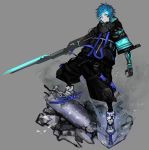  1boy absurdres black_gloves blue_eyes blue_hair closed_mouth debris gloves glowing glowing_eyes grey_background highres holding holding_weapon jacket male_focus mechanical_arm nishikikope simple_background smile solo standing weapon zipper zipper_pull_tab 