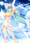  1girl armpits beach bikini blush bow breasts clouds dragon_girl fate/grand_order fate_(series) frilled_bikini frills green_hair hair_bow highres horns japanese_clothes kiyohime_(fate/grand_order) kiyohime_(swimsuit_lancer)_(fate) large_breasts long_hair looking_at_viewer navel outdoors rx7649 sand see-through sky solo swimsuit very_long_hair weapon yellow_bikini_bottom yellow_bikini_top yellow_eyes 