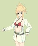  1girl :o alternate_costume blonde_hair blush braid breasts fate/grand_order fate_(series) french_braid green_background green_eyes groin highres mordred_(fate) mordred_(fate)_(all) mordred_(swimsuit_rider)_(fate) navel oishii2929 ponytail sleeves_past_wrists small_breasts solo 