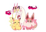  artist_name ban_(ban62460424) biting black_eyes clouds coin eevee fangs fat gen_1_pokemon gigantamax meowth no_pupils pikachu pokemon pokemon_(creature) red_clouds simple_background sitting white_background yellow_sclera 