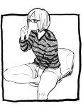  1girl breasts character_request closed_mouth commentary_request kotoyama monochrome short_hair shorts simple_background solo white_background 
