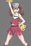  1girl alternate_costume arm_up armpits brown_eyes brown_hair cheering cheerleader clothes_writing collarbone cowboy_shot crop_top flat_chest grey_background kantai_collection midriff_peek miniskirt moroheiya_(user_harz4842) navel pleated_skirt pom_poms red_shirt red_skirt ryuujou_(kantai_collection) shirt simple_background skirt sleeveless sleeveless_shirt solo twintails visor_cap 