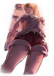  1girl belt blonde_hair blouse blue_eyes blush dagashi_kashi dutch_angle ear_blush ear_piercing earrings endou_saya english_commentary evening fingernails from_below highres hot jewelry kidmukuro lifted_by_self long_hair looking_to_the_side outdoors piercing red_shorts sanpaku shirt shirt_lift short_shorts shorts solo striped striped_shirt sweat toned 