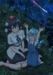  2girls :d arm_support arms_up bangs barefoot black_hair black_neckwear black_ribbon black_skirt blue_bow blue_dress blue_eyes blue_hair blush bow breasts cirno commentary_request dress eyebrows_visible_through_hair feet_out_of_frame grass hair_between_eyes hair_bow hat highres ice ice_wings kneeling medium_breasts miniskirt multiple_girls neck_ribbon night open_mouth outdoors petticoat pinafore_dress pom_pom_(clothes) puffy_short_sleeves puffy_sleeves red_eyes red_neckwear red_ribbon ribbon roke_(taikodon) shameimaru_aya shirt short_hair short_sleeves sitting skirt smile tassel tokin_hat touhou white_shirt wings yokozuwari 