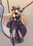  1girl abigail_williams_(fate/grand_order) armor armored_boots armored_dress bangs bare_shoulders black_bow blonde_hair boots bow brown_background commentary cosplay dress english_commentary eyebrows_visible_through_hair fate/grand_order fate_(series) flag full_body gauntlets hair_bow headpiece holding holding_flag jeanne_d&#039;arc_(alter)_(fate) jeanne_d&#039;arc_(alter)_(fate)_(cosplay) jeanne_d&#039;arc_(fate)_(all) long_hair looking_at_viewer miya_(pixiv15283026) orange_bow outstretched_arm parted_lips purple_dress red_eyes shadow sleeveless sleeveless_dress smile solo sparkle standard_bearer standing v-shaped_eyebrows very_long_hair white_flag 