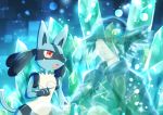  1boy animal_ears arlon_(pokemon) bangs black_cloak black_hair black_shirt blue_background cloak closed_eyes closed_mouth crying crystal fang fingerless_gloves furry gen_4_pokemon gloves glowing hair_over_one_eye hand_up happy hat highres knees_up looking_at_another lucario male_focus open_mouth paws pokemon pokemon_(anime) pokemon_(creature) pokemon_m08 red_eyes sad shirt short_hair sitting smile sparkle tail tears transparent wolf_ears yuki56 