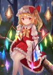  1girl blonde_hair blurry bokeh depth_of_field drop_earrings earrings expressionless eyebrows_visible_through_hair fang fang_out feet_out_of_frame flandre_scarlet forest garter_straps glowing glowing_wings hair_between_eyes hat hat_ribbon holding_lantern in_tree jewelry lantern looking_at_viewer mob_cap nail_polish nature night outdoors petticoat pointy_ears puffy_short_sleeves puffy_sleeves red_eyes red_nails red_skirt red_vest ribbon sakipsakip shirt short_hair short_sleeves side_ponytail single_earring sitting skirt solo thigh-highs touhou tree tree_branch vest white_headwear white_legwear white_shirt wings wrist_cuffs yellow_neckwear yellow_ribbon 